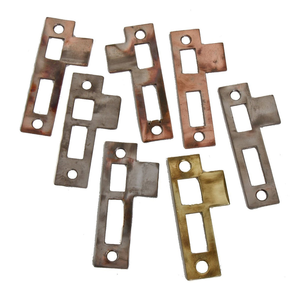 lot of seven original late 19th century heavy gauge stamped steel interior residential surface mount passage door mortise lock door jamb strike plates