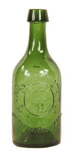 hard to find and highly sought after american roussel's "silver medal" (1847-1855) richly colored light forest green glass iron-pontiled soda water bottle with applied tapered lip