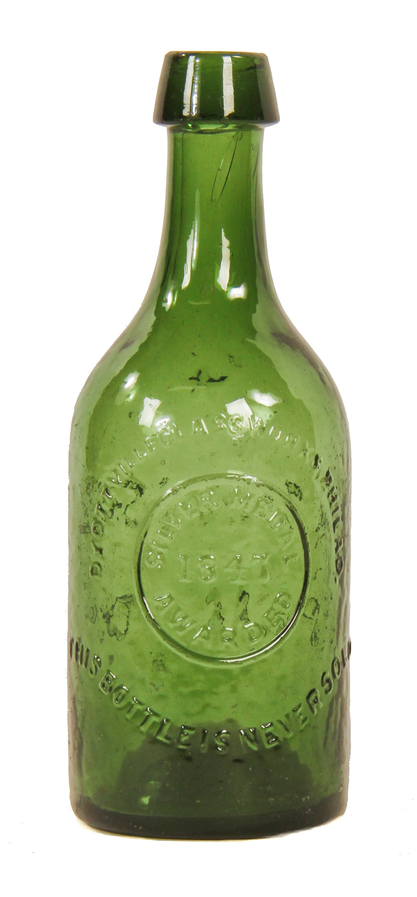 hard to find and highly sought after american roussel's "silver medal" (1847-1855) richly colored light forest green glass iron-pontiled soda water bottle with applied tapered lip