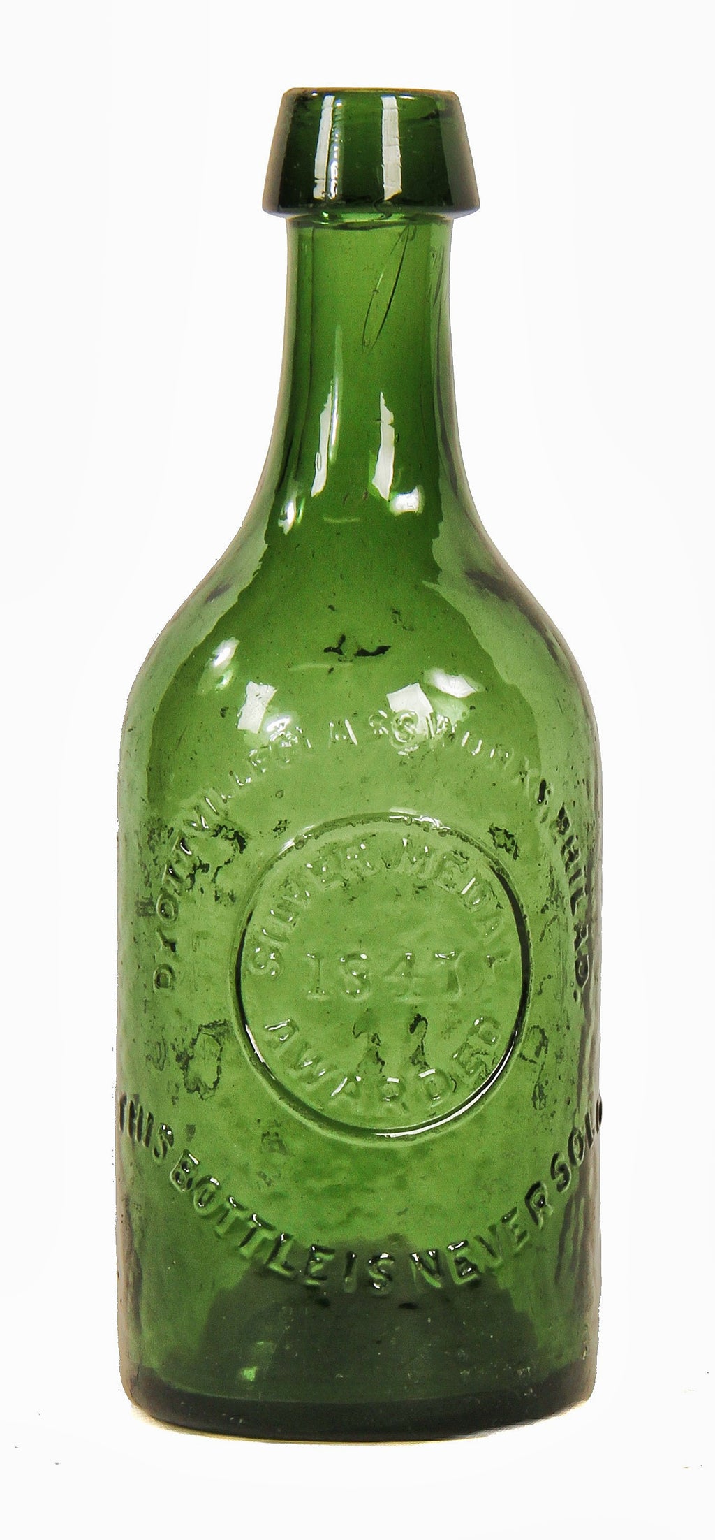 late 1840's antique american green glass "silver medal awarded" iron-pontiled two leaf hinged mold mineral water glass water bottle with tapered lip