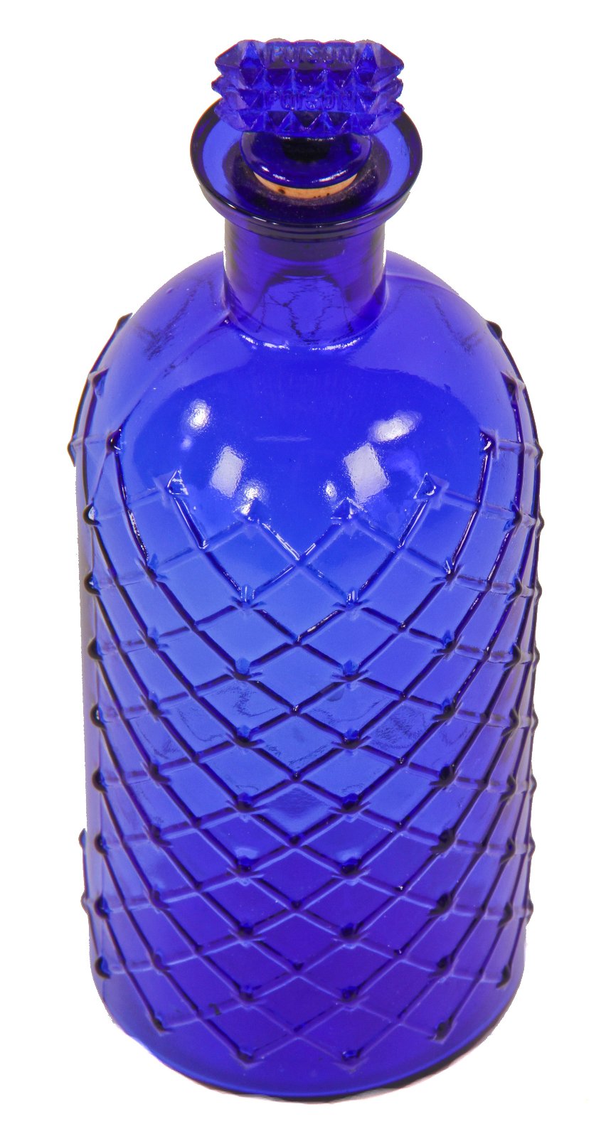 original c. 1890's antique american richly colored dark cobalt blue deeply embossed lattice motif druggists' poison bottle with original distinctive studded stopper
