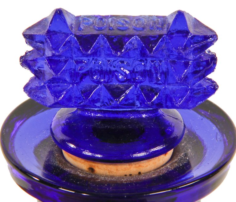 original c. 1890's antique american richly colored dark cobalt blue deeply embossed lattice motif druggists' poison bottle with original distinctive studded stopper