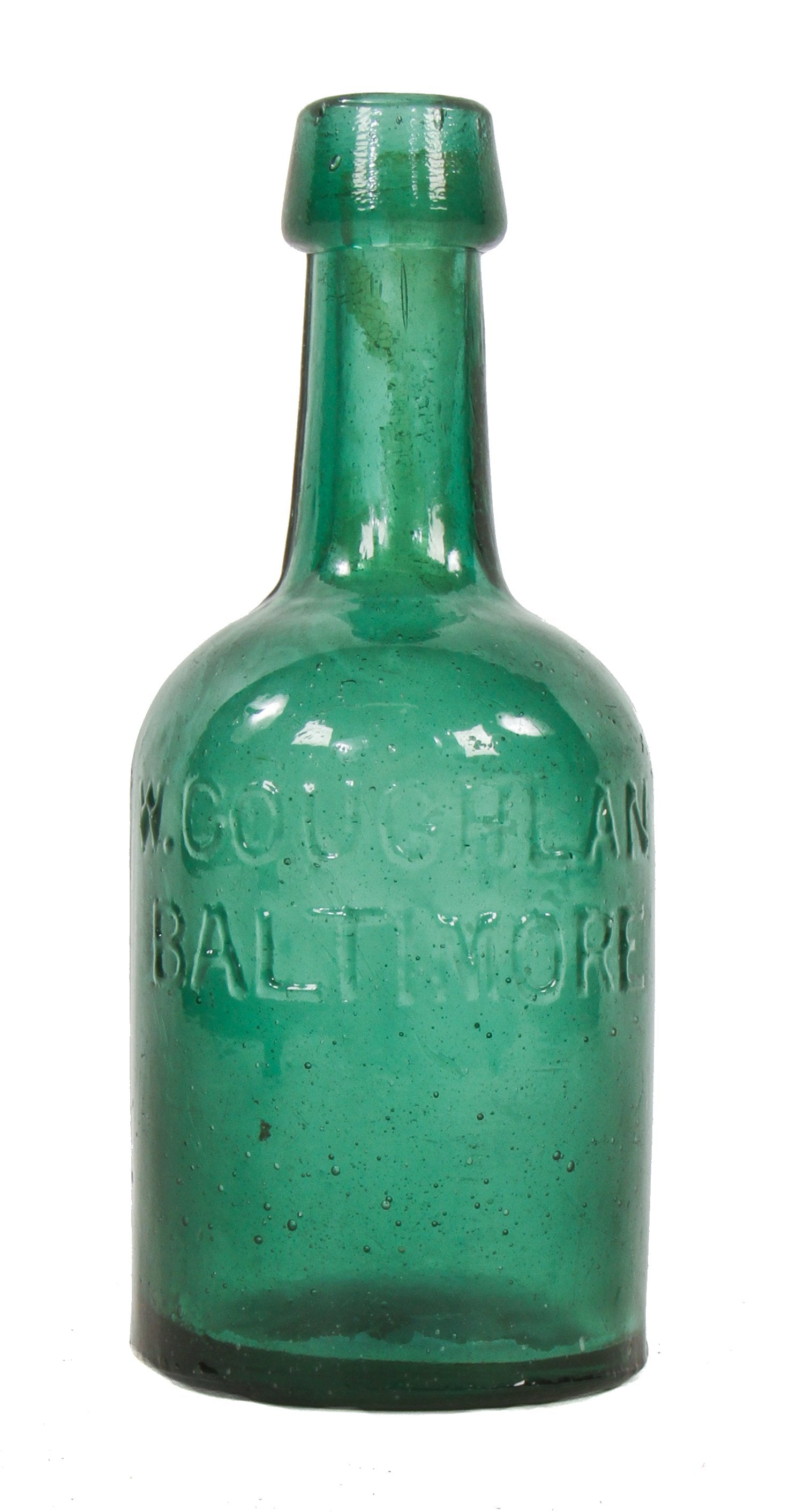 hard to find original antique mid-1860's vibrant emerald green glass porter bottle manufactured for baltimore bottler william coughlan