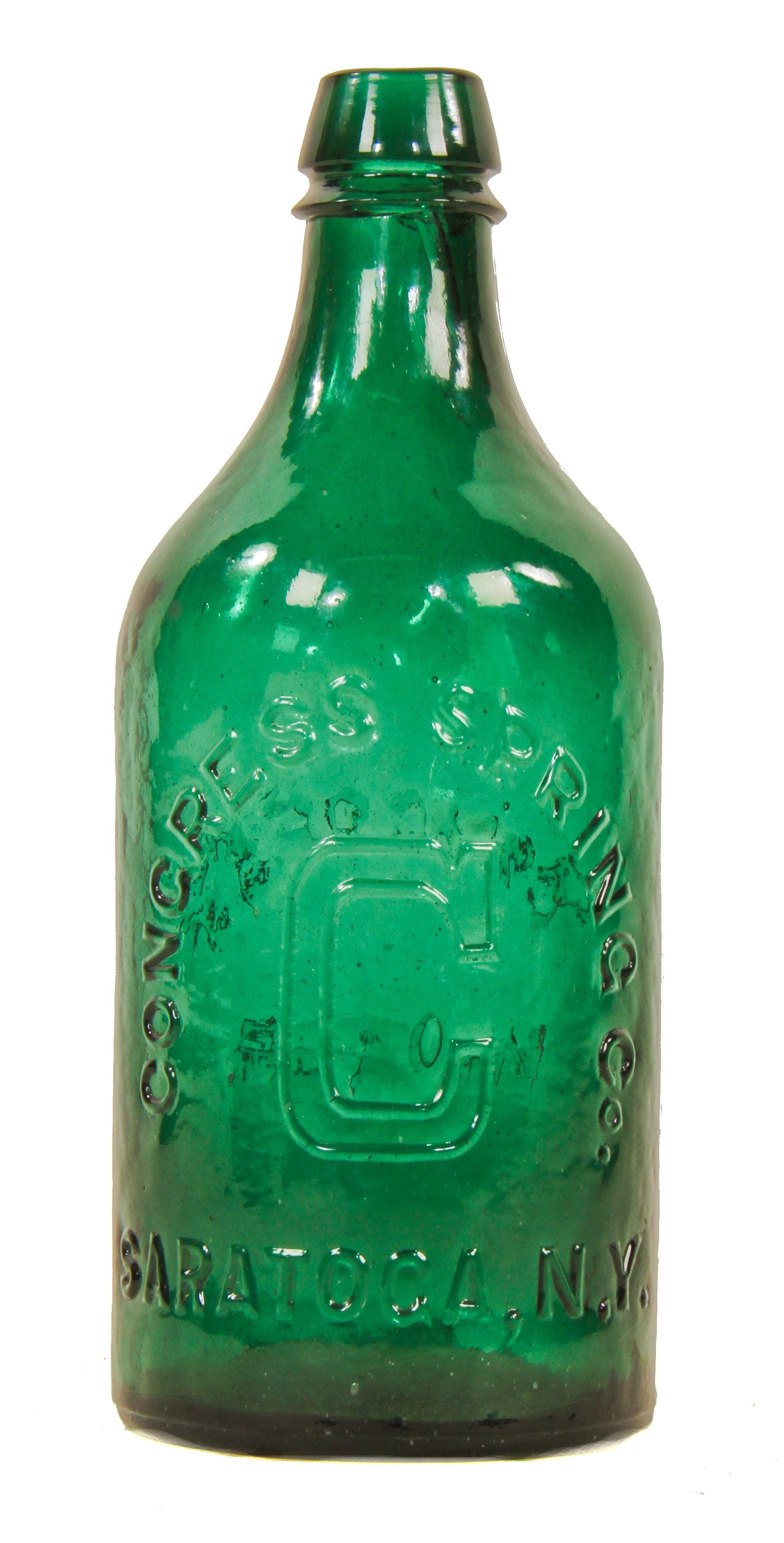 original and intact nineteenth century richly colored emerald green glass pint mineral water bottle manufactured for the congress spring company in new york