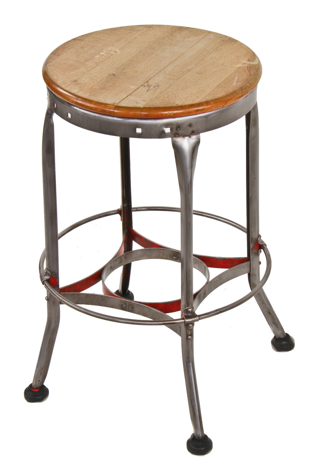 one of two matching original c. 1940's vintage american industrial "uhl art steel" four-legged stationary stool with footrest and intact hardened black rubber "feet"