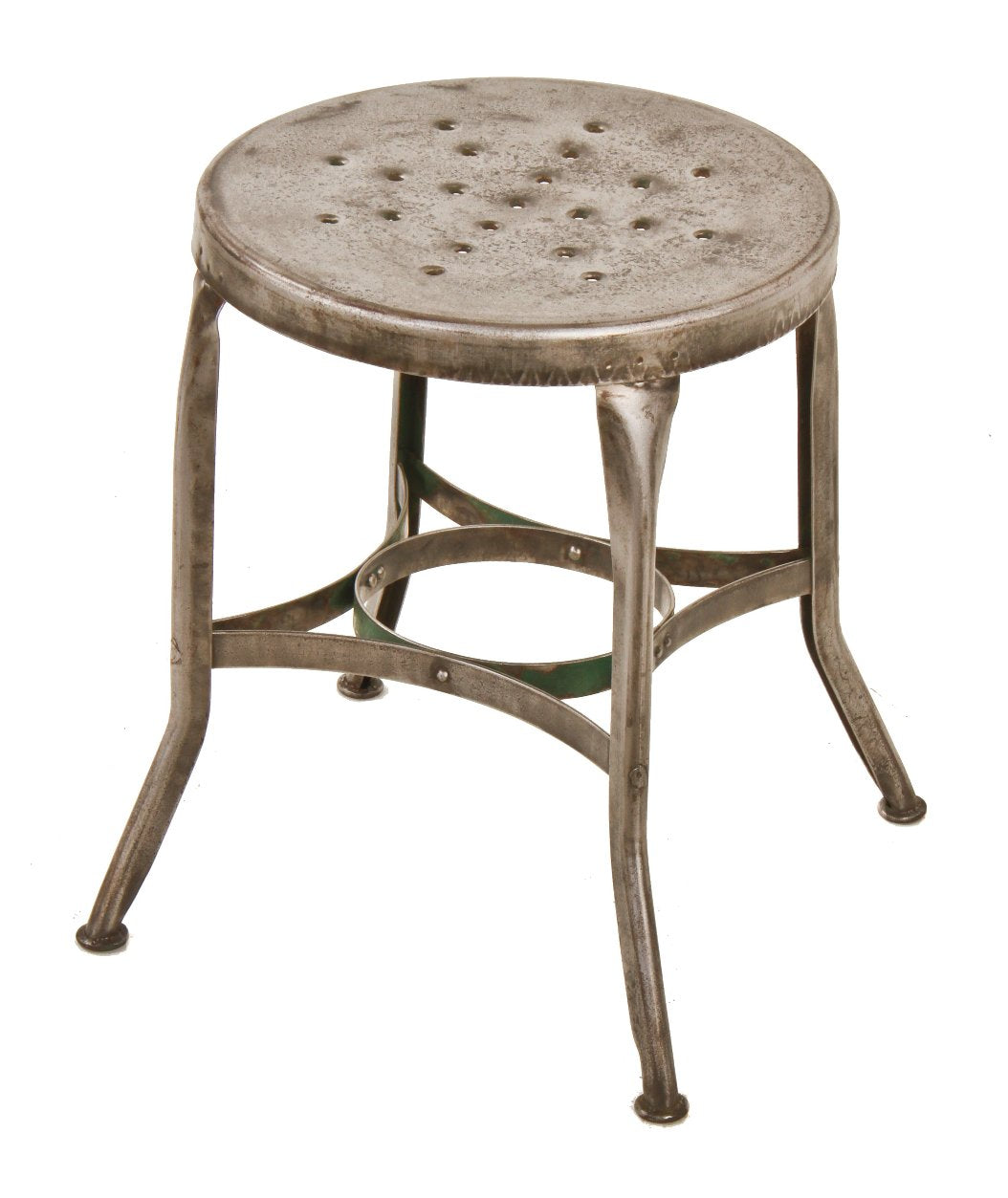 refinished low-lying backless antique industrial "uhl art steel" pressed and folded brushed and sealed bare metal stool with a perforated circular-shaped seat