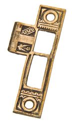 single 19th century original reversible cast ornamental brass "oriental" pattern door jamb mortise lock strike plate with black enameled inlay