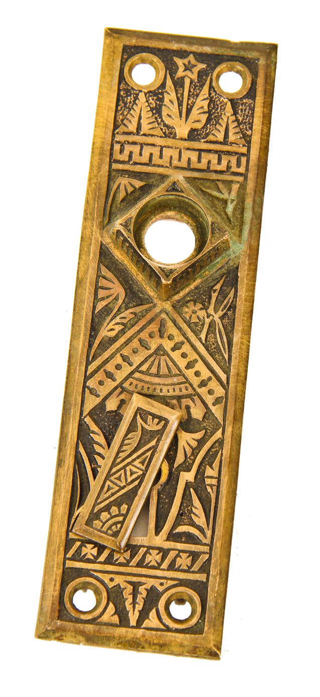 original highly desirable antique american c. 1880's "oriental" pattern entrance door ornamental cast brass escutcheon with intact swinging keyhole cover