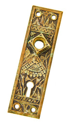 original c. 1880's american aesthetic movement "oriental" pattern ornamental cast brass interior residential doorknob escutcheon or backplate