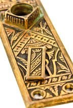 original highly desirable antique american c. 1880's "oriental" pattern entrance door ornamental cast brass escutcheon with intact swinging keyhole cover