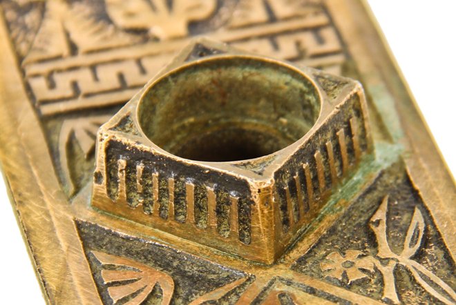 original c. 1880's american aesthetic movement "oriental" pattern ornamental cast brass interior residential doorknob escutcheon or backplate