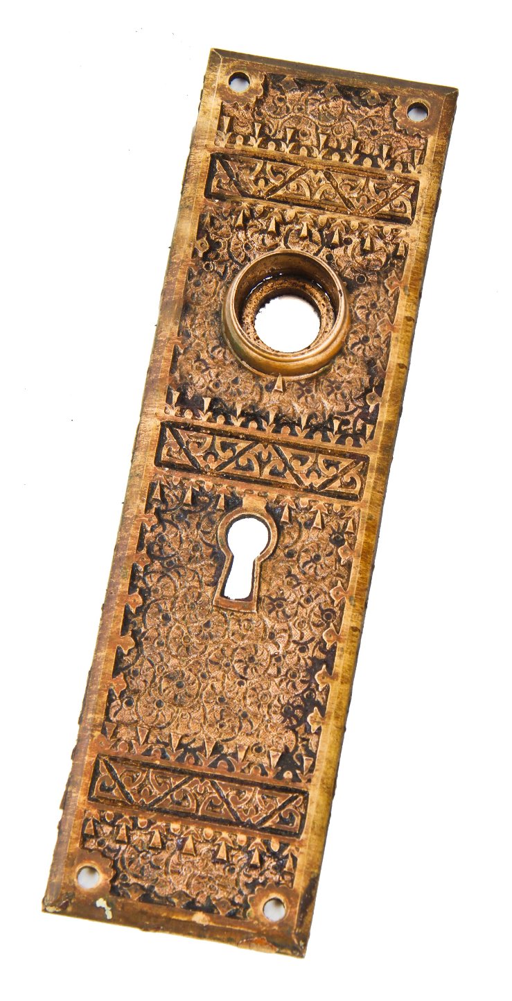 c. 1880's antique american eastlake style popular "brocade" pattern interior residential single keyhole doorknob backplate with intact and tightly affixed thimble