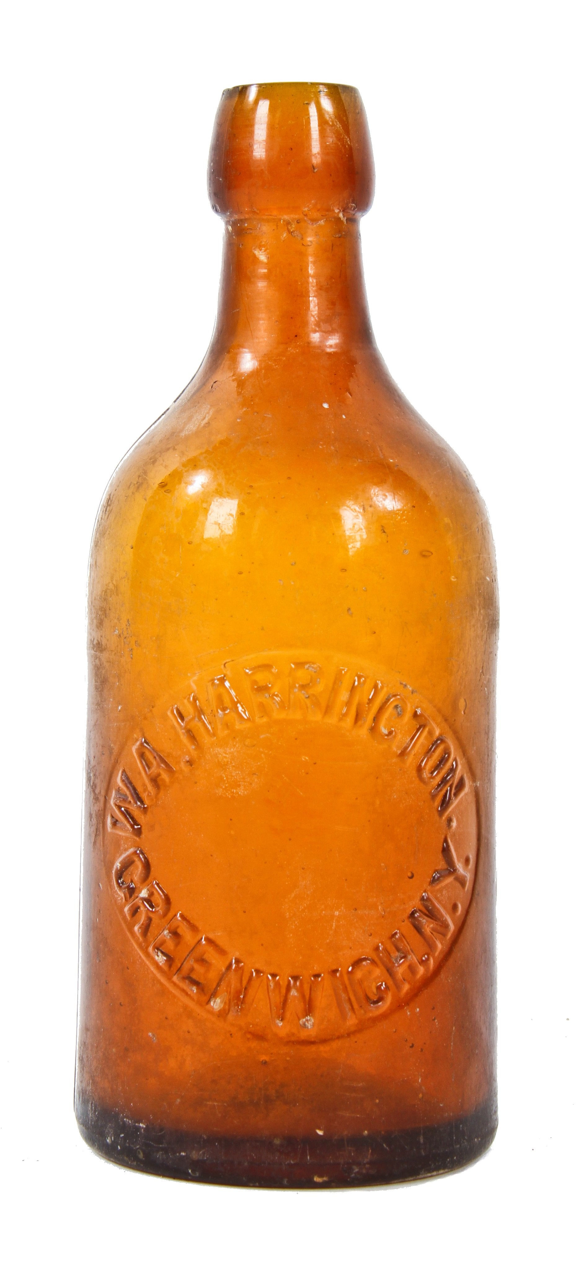 rare and all original vibrant honey amber weiss beer bottle manufactured for new york beer bottler w.a. harrington