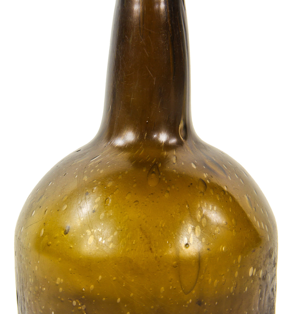 very rare and all original antique early nineteenth century free-blown pontiled deep olive amber glass porter-style bottle manufactured for unknown bottler.