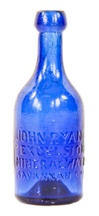 rare mid-nineteenth century deep cobalt blue pontiled mineral water bottle manufactured for john ryan in savannah, georgia.