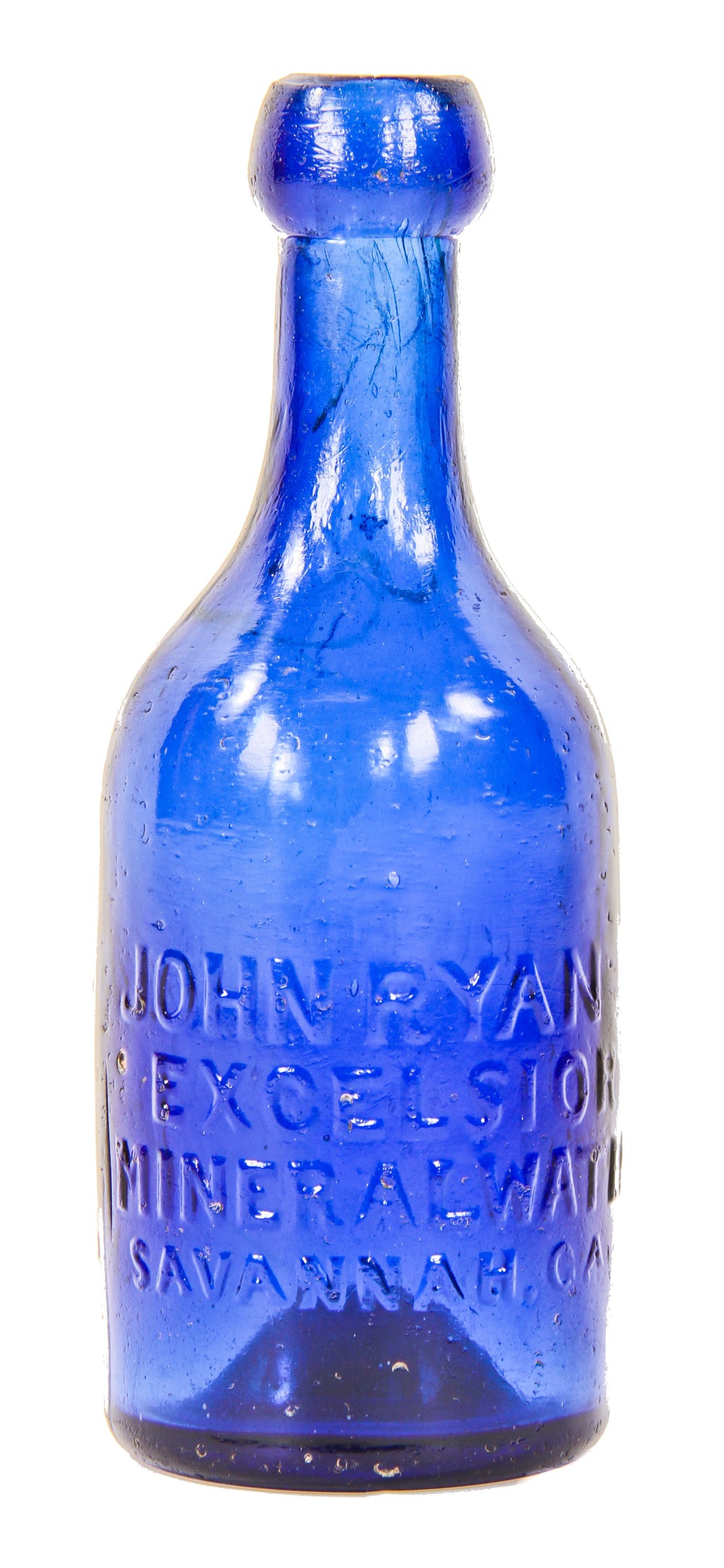 rare mid-nineteenth century deep cobalt blue pontiled mineral water bottle manufactured for john ryan in savannah, georgia.