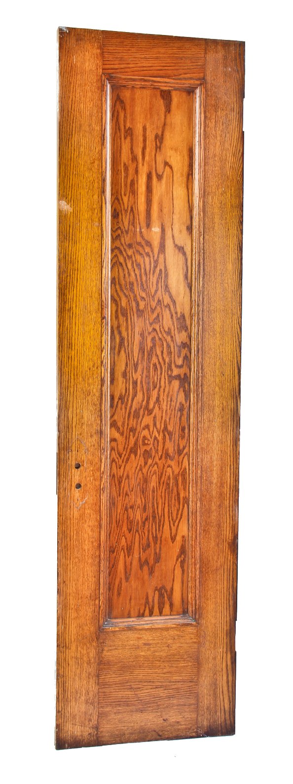 single original c. 1897 interior chicago two-flat solid oak wood single recessed panel narrow closet door with well-maintained varnished finish