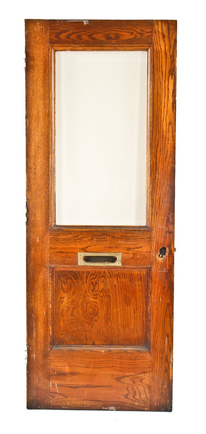 well-built original and intact interior c. 1897 varnished oak wood chicago two-flat vestibule door with original thick plate glass with beveled edges