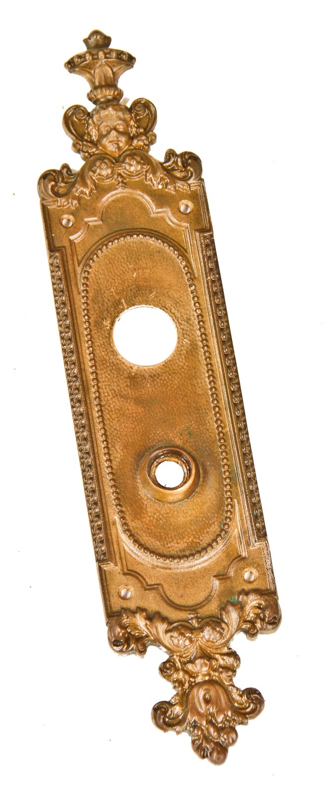 highly detailed and heavily ornamented original oversized cast bronze chicago two-flat exterior or entrance door backplate with cherub and deeply embossed floral motifs
