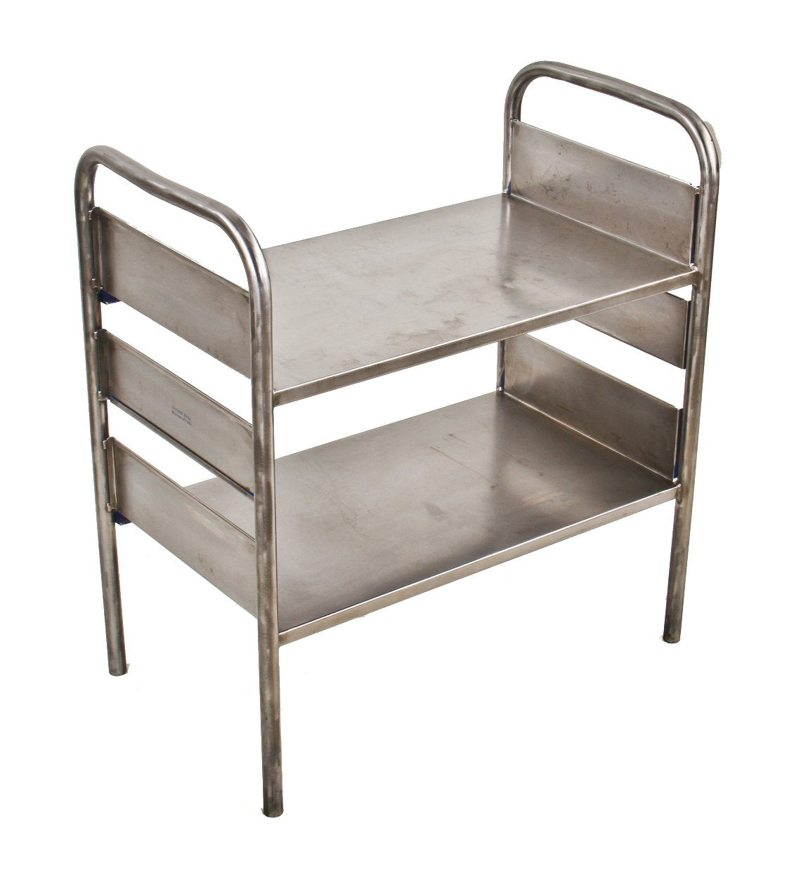 late 1940's vintage american industrial two-tier pressed and folded steel four-legged stationary cart or side table with brushed and sanded bare metal finish