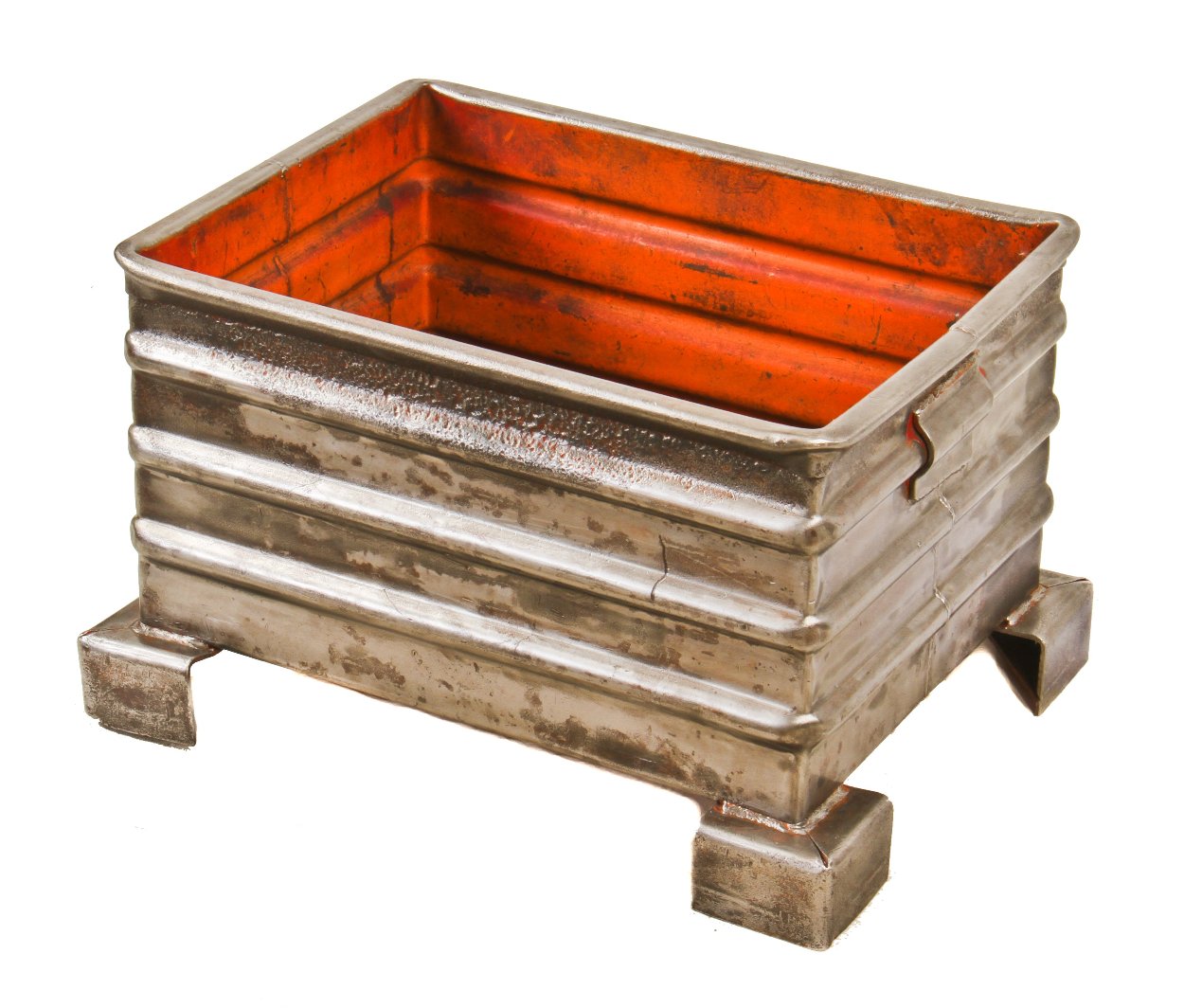 refinished low-lying american vintage industrial chicago scrap yard corrugated steel bulk container or hopper with great surface wear