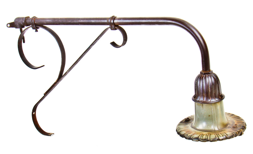 original early 20th century antique american industrial bent tubular steel bracketed city of chicago street light fixture with original green porcelain cast iron fluted reflector