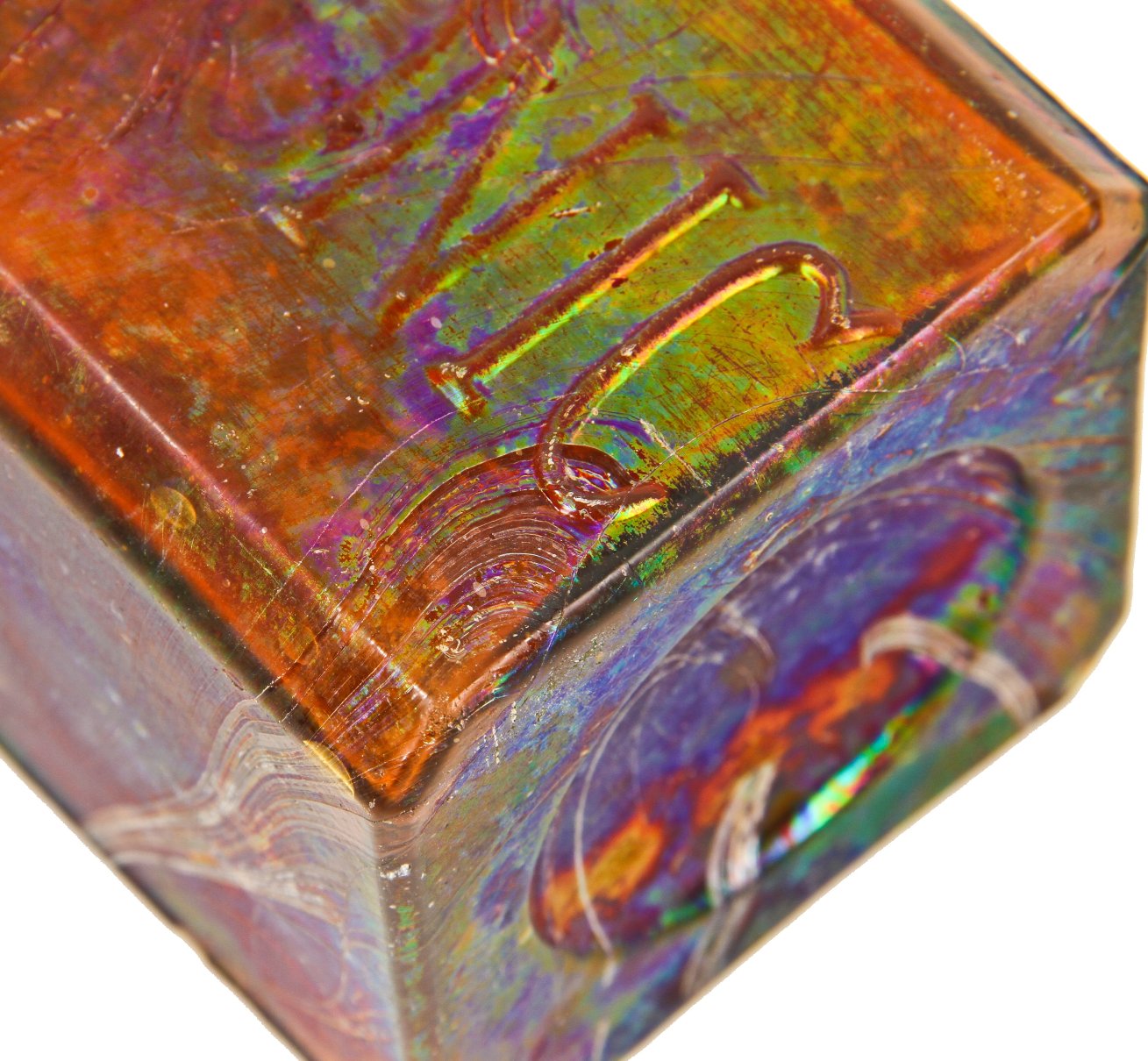 heavily iridized 19th century privy dug antique american square amber bitters bottle with tapered collar manufactured for geo w.m. reed in connecticut.