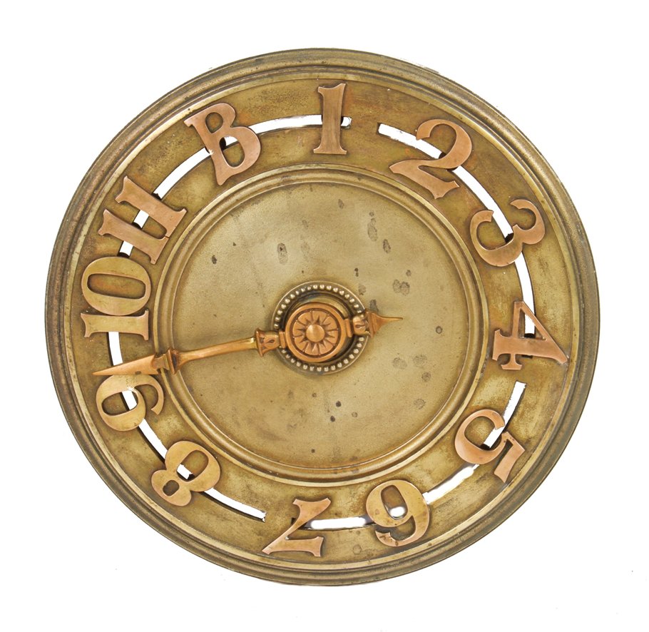 original c. 1912 original surface-mount cast brass interior insurance exchange building lobby elevator floor indicator medallion with original pointing arrow