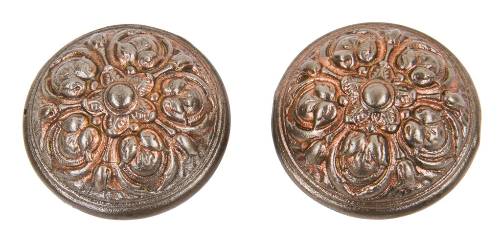 original late 19th century antique american "pasco" pattern interior residential ornamental cast iron doorknobs with a copper-plated wash