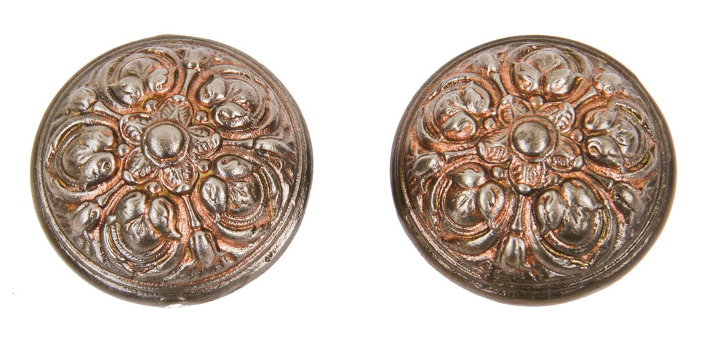 "pasco" pattern late 19th century original highly ornamented and deeply embossed copper-plated cast iron banded rim interior residential doorknobs