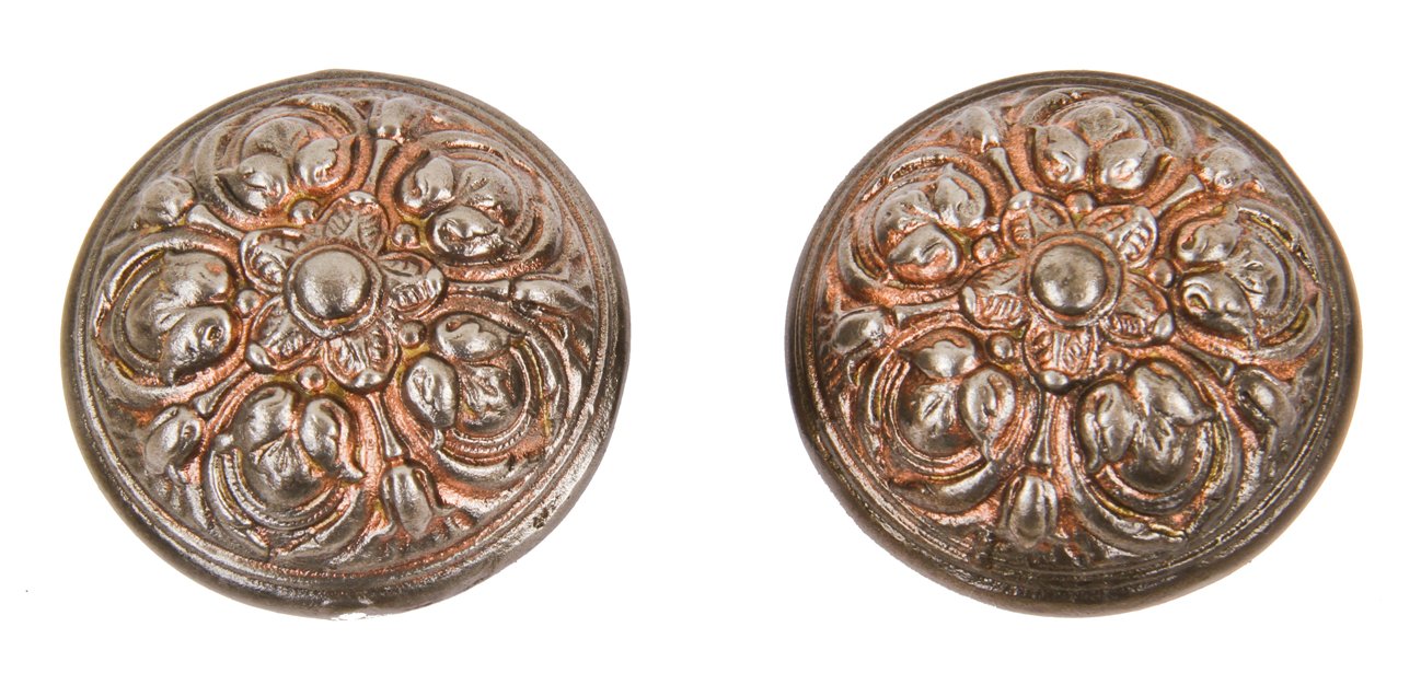 "pasco" pattern late 19th century original highly ornamented and deeply embossed copper-plated cast iron banded rim interior residential doorknobs