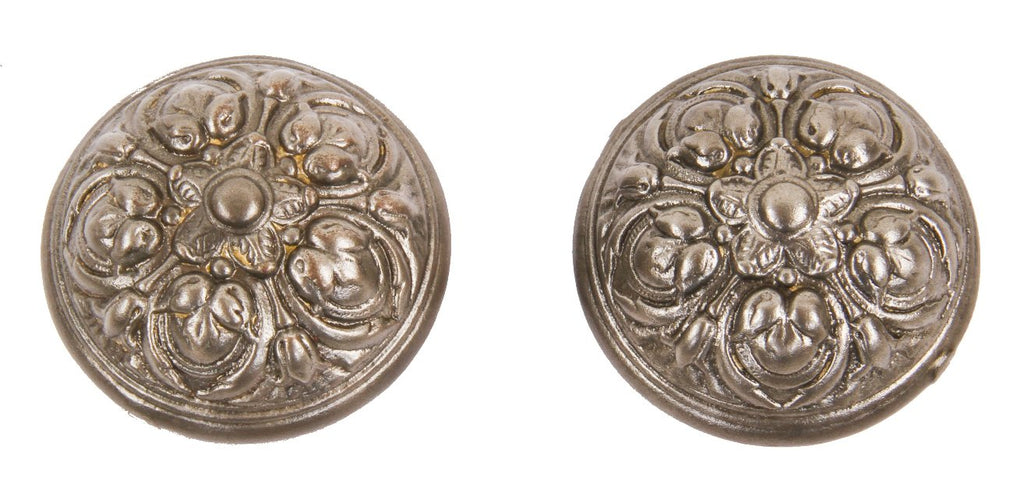 two matching original late 19th century ornamental cast iron banded rim passage door "pasco" pattern interior residential doorknobs
