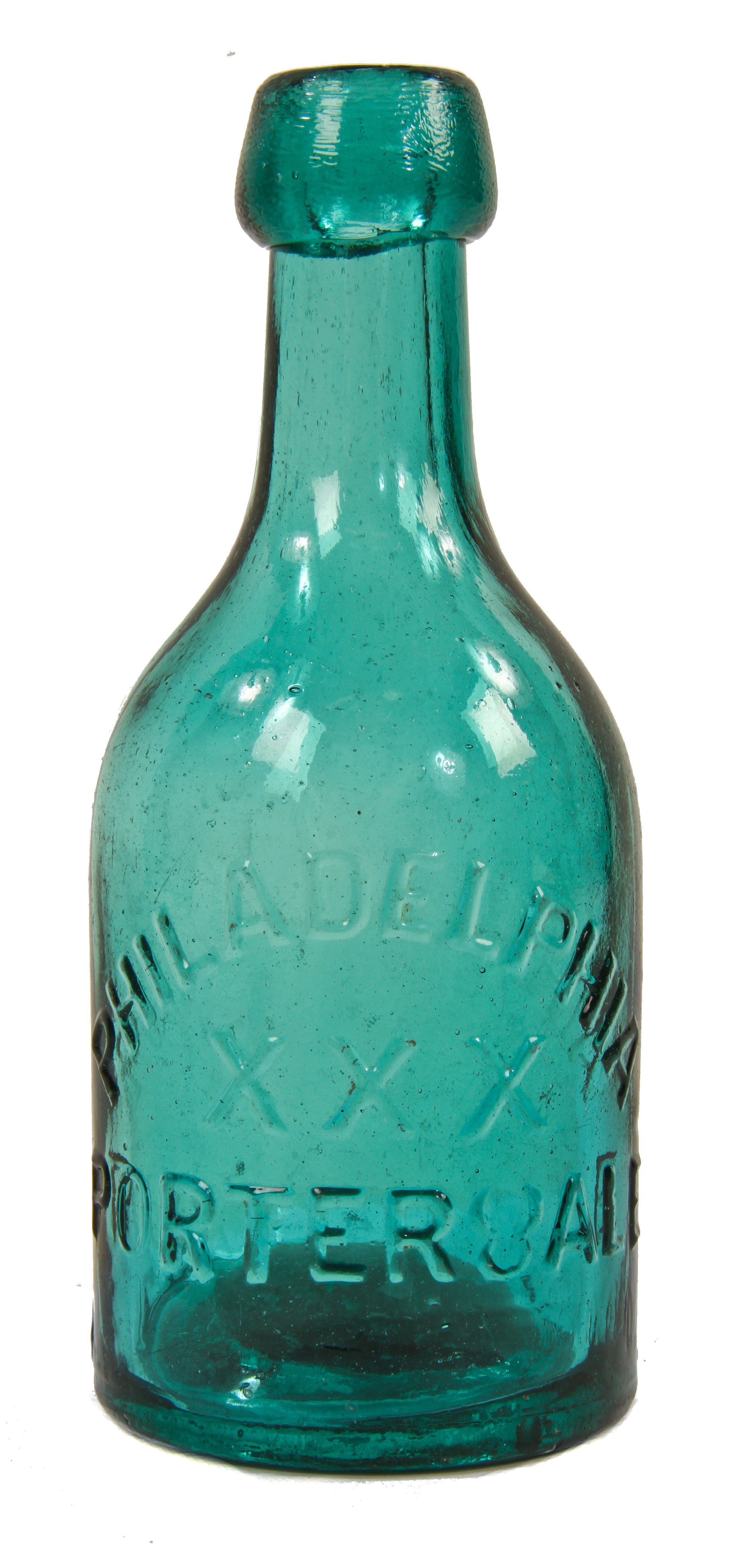 deeply embossed original antique american c. 1850's teal colored privy dug iron pontiled porter glass bottle with applied blobtop