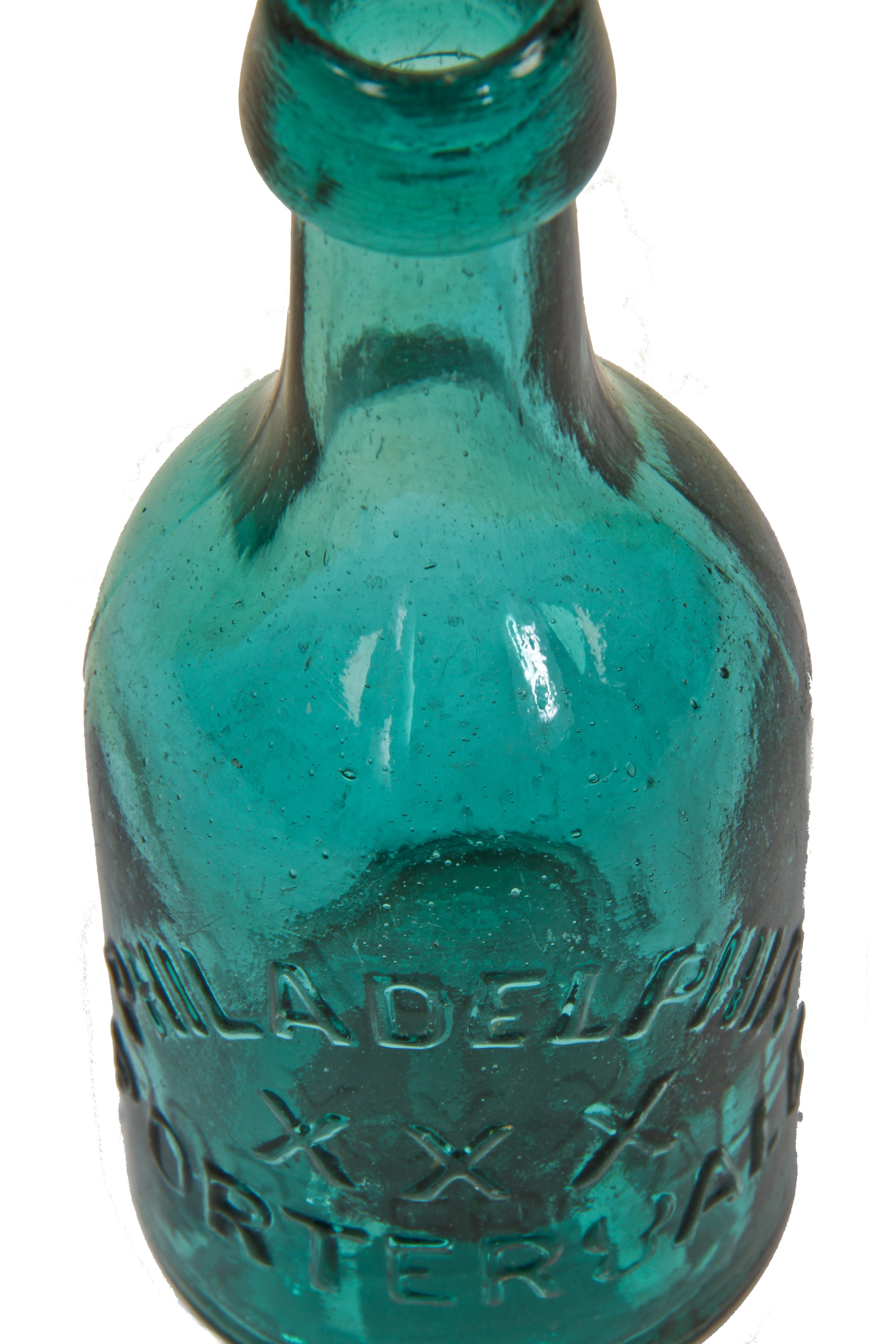 deeply embossed original antique american c. 1850's teal colored privy dug iron pontiled porter glass bottle with applied blobtop