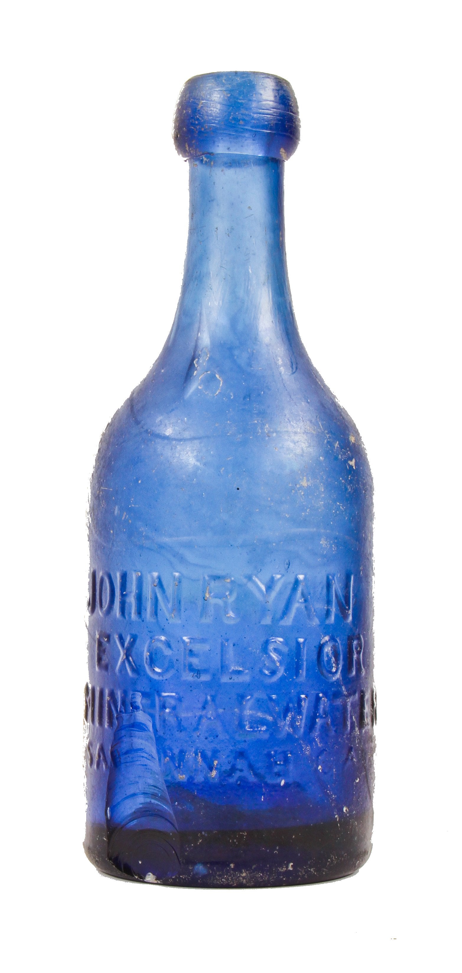 rare mid-nineteenth century deep cobalt blue pontiled mineral water bottle manufactured for savannah bottler john ryan