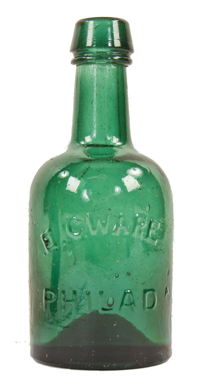 mid-nineteenth century single original and intact privy dug emerald green porter style pontiled bottle manufactured for e.c. ware