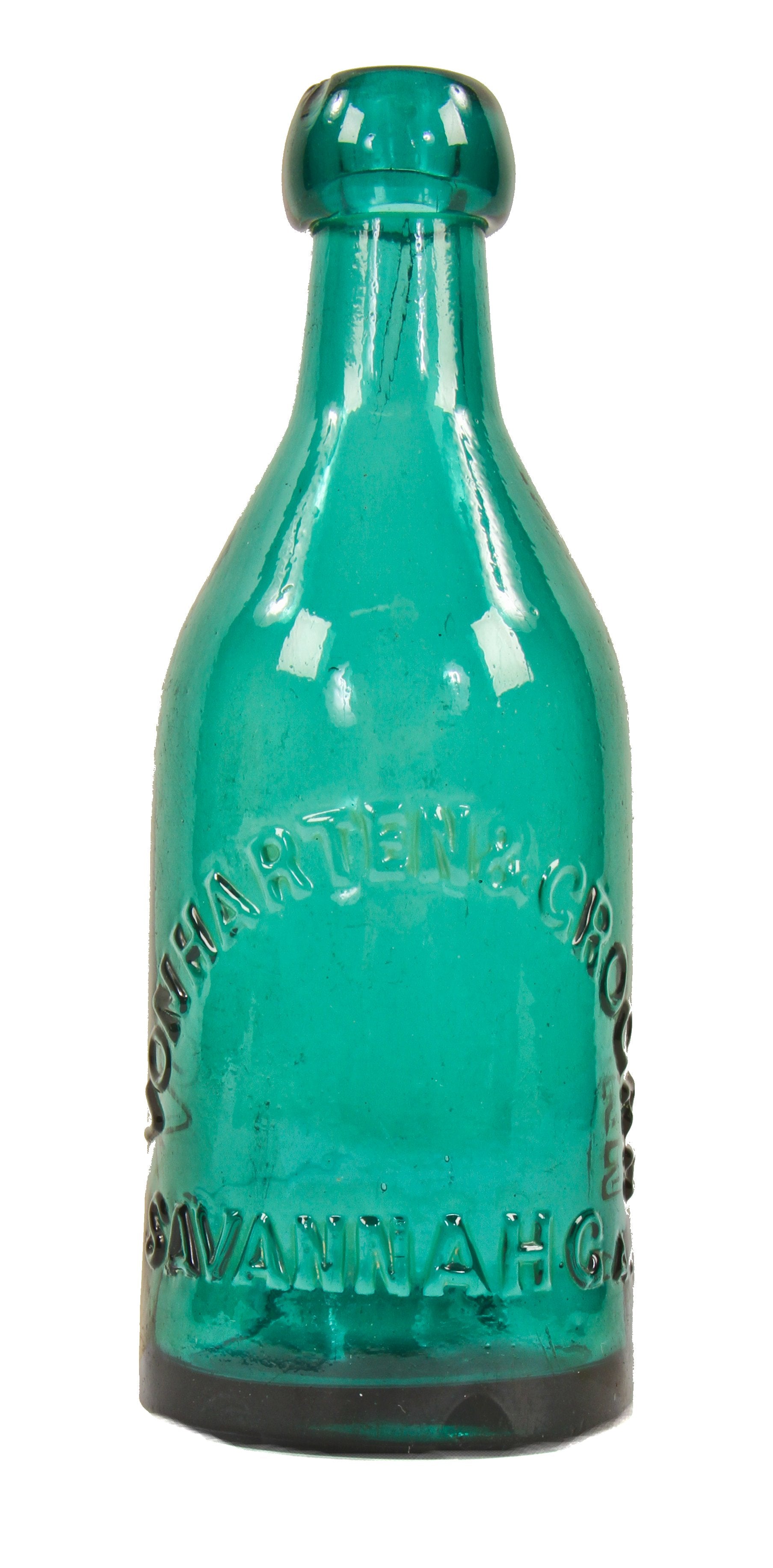 single vibrantly colored 19th centuy teal-colored privy dug tumbled blobtop soda bottle manufactured for georgia bottlers vonharten and grogan