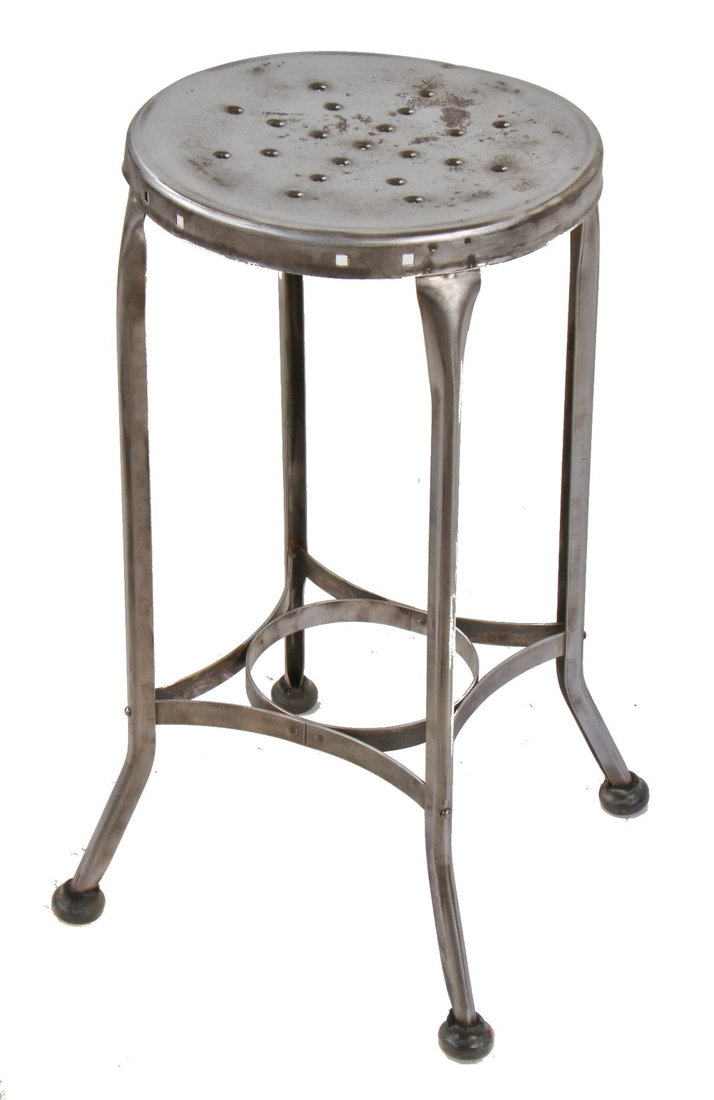 single c. 1930's original antique american industrial "uhl art steel" brushed and sanded bare metal four-legged toledo stool with original rubber "shoes"