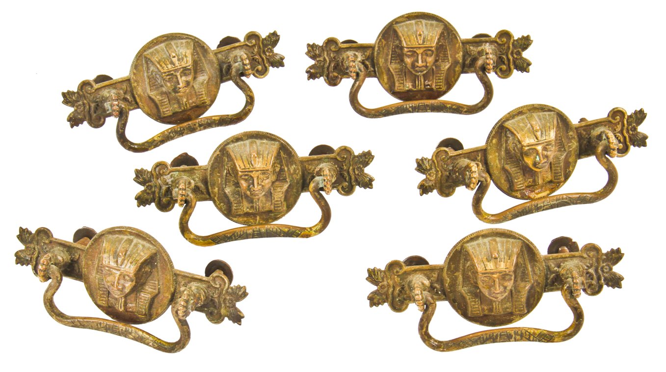 group of six matching original and untouched c. 1920's antique american egyptian revival cabinet drawer pulls with deep relief pharaoh heads