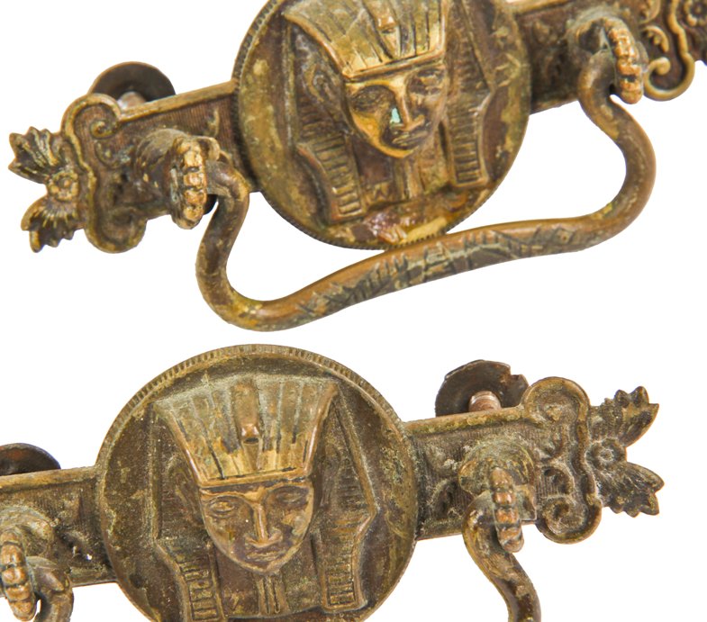 group of six matching original and untouched c. 1920's antique american egyptian revival cabinet drawer pulls with deep relief pharaoh heads