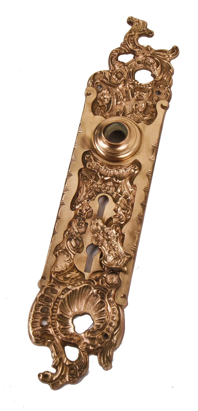 oversized late 19th or early 20th century ornamental cast bronze rococo style "belfort" pattern entrance door backplate with intact swinging keyhole cover