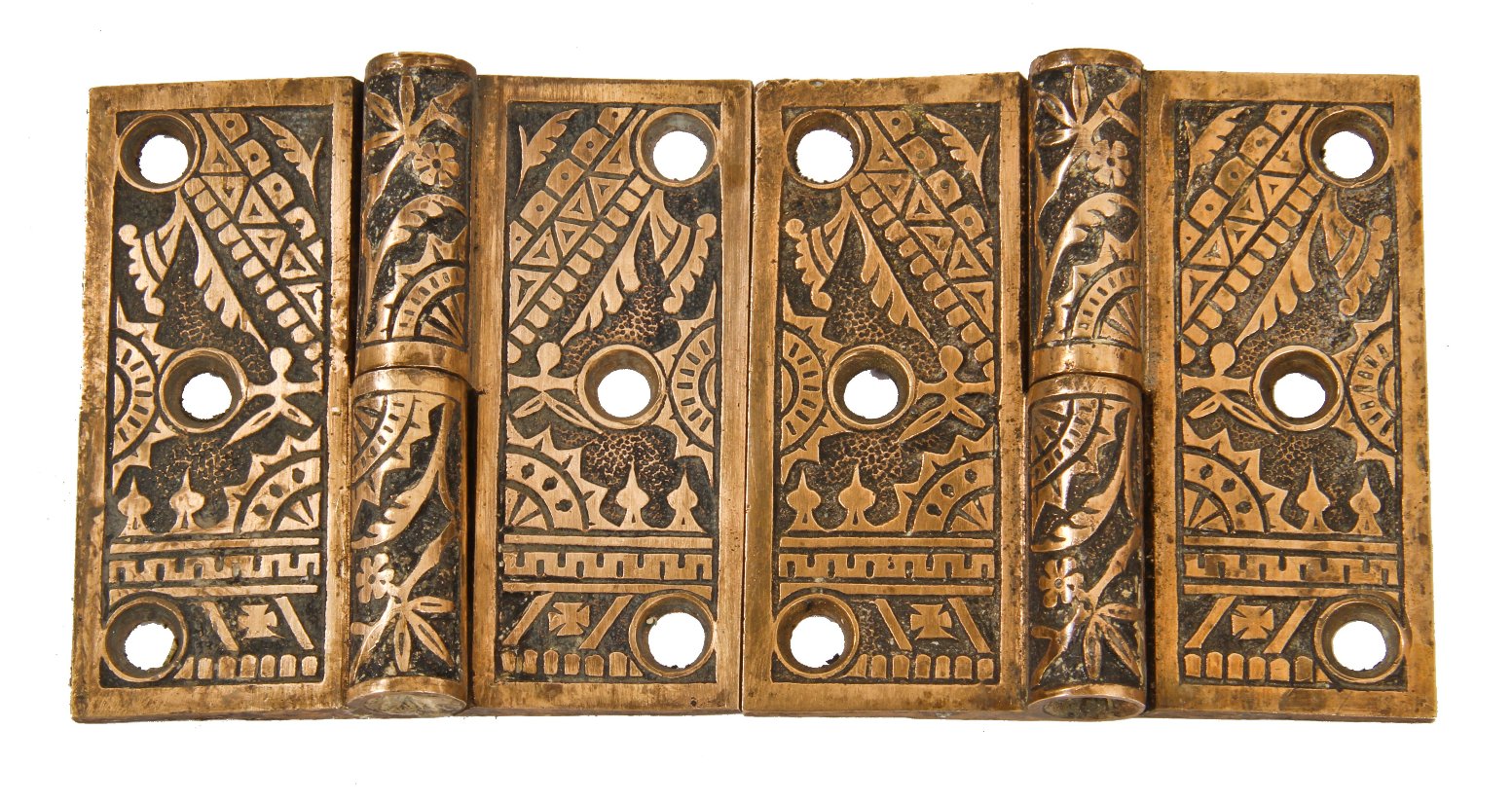matching set of diminutive ornamental eastlake style cast brass loose pin "oriental" pattern hinges with a mostly uniform surface finish