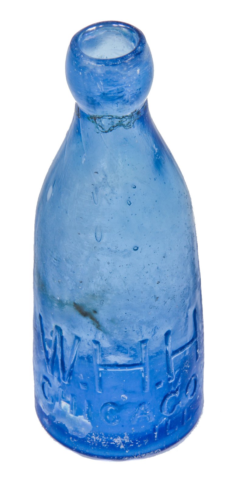 original privy dug c. 1850's-1860's intact iron-pontiled cobalt blue glass "w.h.h." mineral or soda water bottle fabricated for william h. hutchinson in chicago, il.