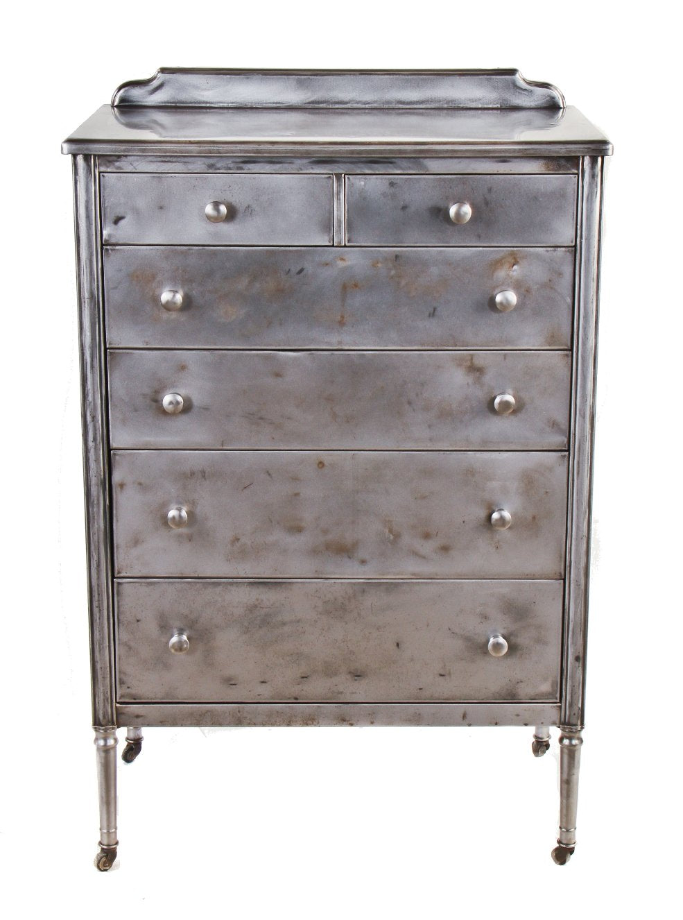 one of four matching original depression era chicago hotel "simmons" pressed and folded refinished steel highboy machine age dresser cabinet
