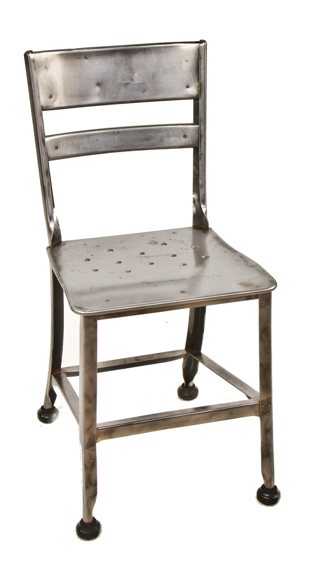 refinished american depression era "uhl art steel" pressed and folded furniture sheet metal school or administration office four-legged chair with intact black rubber "shoes"