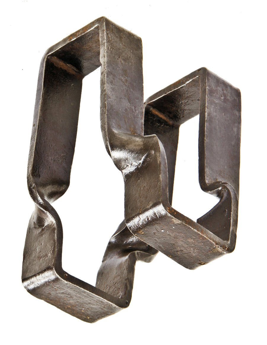 original c. 1870's antique american industrial refinished wrought iron angled and twisted chicago commercial building structural timber joist hanger with brushed metal finish