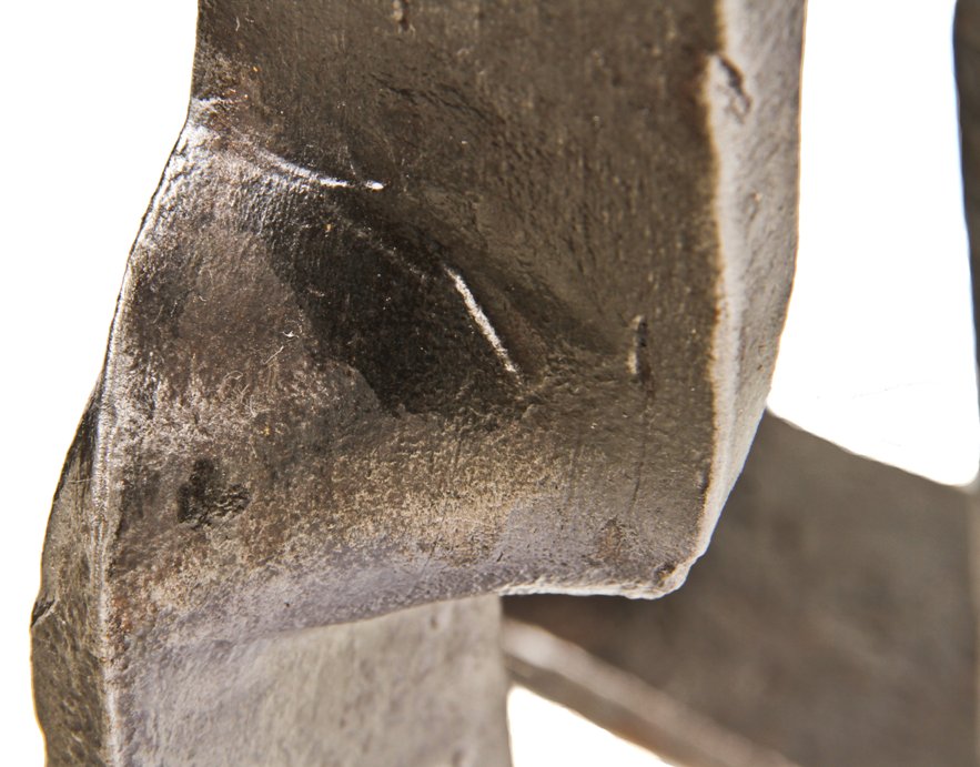 original c. 1870's antique american industrial refinished wrought iron angled and twisted chicago commercial building structural timber joist hanger with brushed metal finish