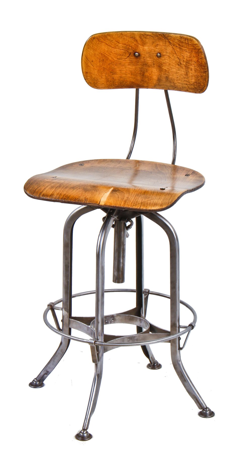 refinished fully adjustable american vintage industrial "uhl art steel" pressed and folded brushed metal four-legged stool with maple wood saddle seat and backrest