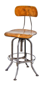 refinished fully adjustable american vintage industrial "uhl art steel" pressed and folded brushed metal four-legged stool with maple wood saddle seat and backrest