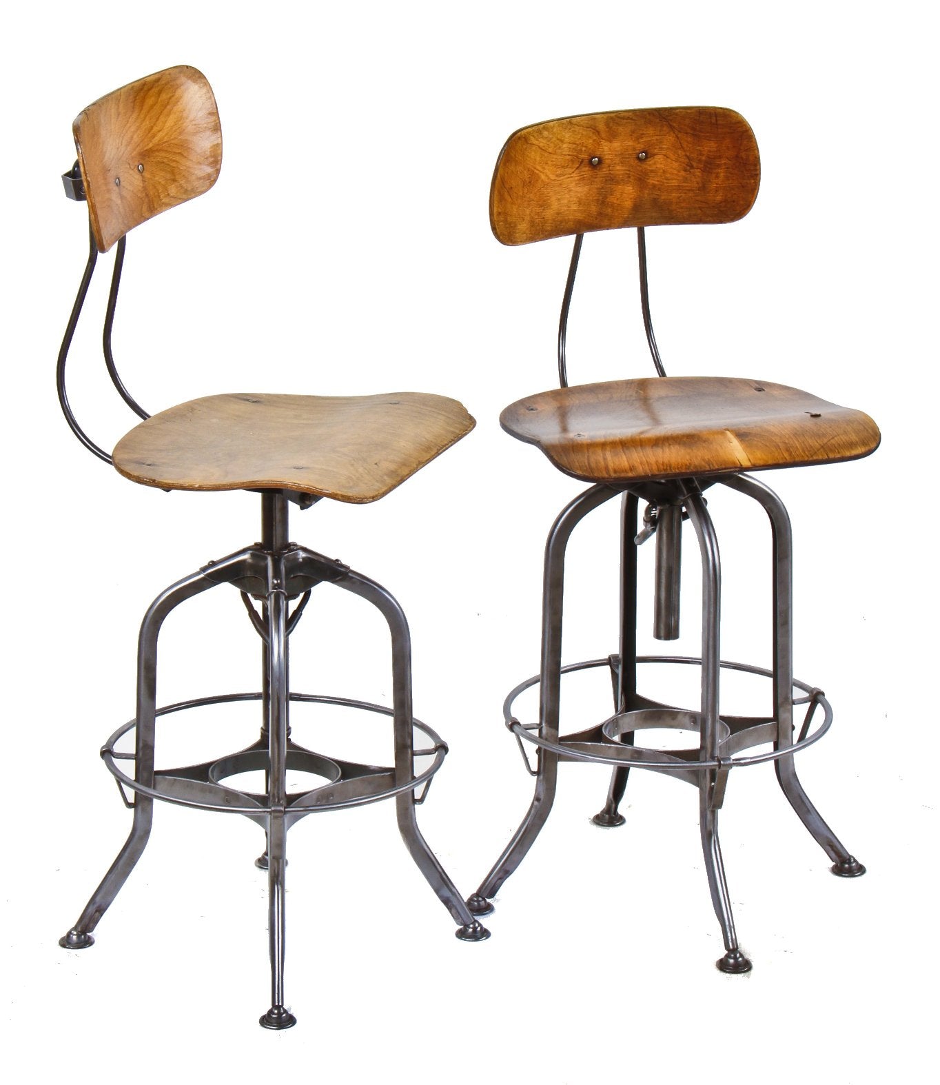 refinished fully adjustable american vintage industrial "uhl art steel" pressed and folded brushed metal four-legged stool with maple wood saddle seat and backrest